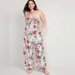 Old Navy Blue Linen Tropical Floral Jumpsuit Wide Leg Sleeveless Plus 3XL XXXL